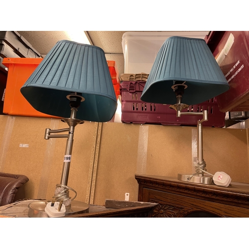 199 - PAIR OF POLISHED STEEL ADJUSTABLE TABLE LAMPS WITH TURQUIOSE SHADES