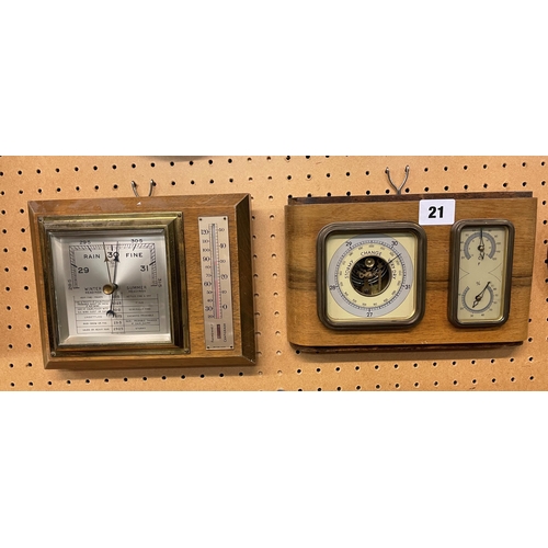 21 - TWO WALNUT MID 20TH CENTURY BAROMETER THERMOMETERS