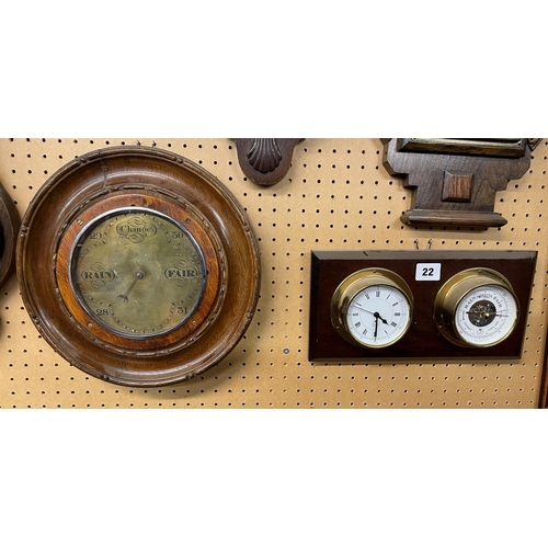 22 - CONTEMPORARY BRASS SHIP'S TYPE BAROMETER AND CLOCK ON WOODEN PLAQUE