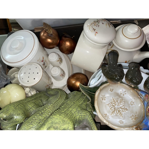 228 - CARTON CONTAINING STORAGE CANISTERS, TEAPOT, DENBY BOWL, RELIEF MOULDED JUG