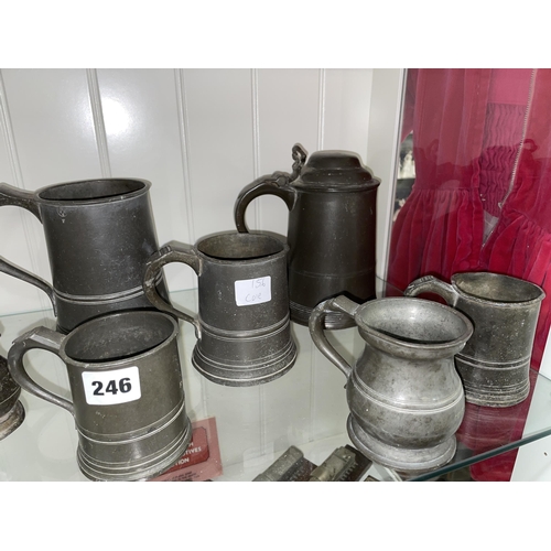 246 - SELECTION OF ANTIQUE PEWTER LIDDED TANKARD GIRDLED STRAIGHT AND BELLIED MEASURES AND TANKARDS