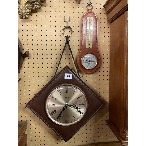 25 - PETER LEATHER CASED HANGING CLOCK AND LEATHER STRAP BAROMETER THERMOMETER