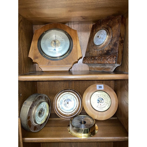 30 - SIX SHIP'S STYLE BAROMETERS IN OAK AND WALNUT CASES