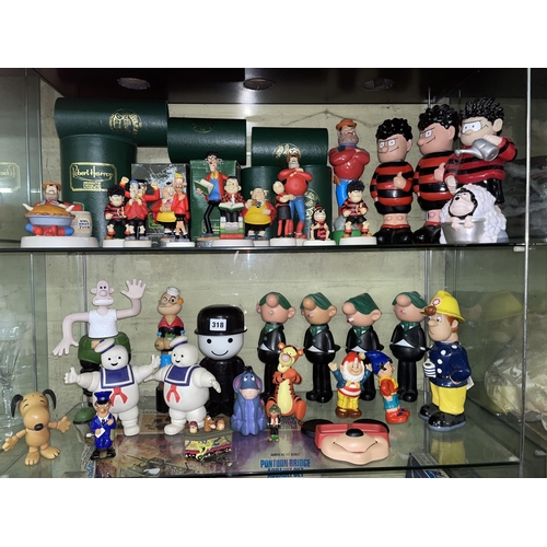 318 - TWO SHELVES OF ROBERT HARROP AND BEANO FIGURE GROUPS, HANDY CAPP, AND OTHER CARTOON RELATED FIGURES