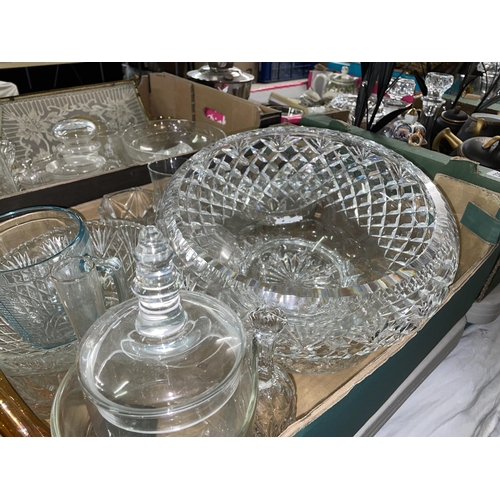 324 - TWO CARTONS OF CUT AND PRESSED GLASSWARE INCLUDING LEMONADE JUGS, OVAL DISHES, AND SOME FLAT WARE