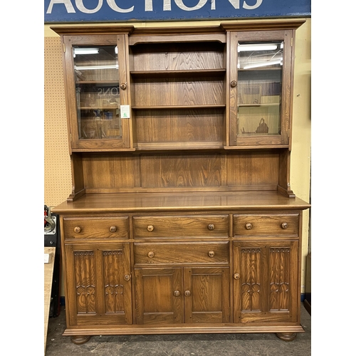 4 - ERCOL MEDIUM ELM GLAZED DRESSER CABINET