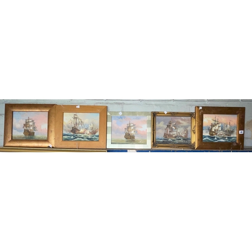 45 - FIVE SMALL OIL PAINTINGS OF 18TH CENTURY GALLEONS, SOME IN NAVAL BATTLES