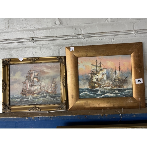 45 - FIVE SMALL OIL PAINTINGS OF 18TH CENTURY GALLEONS, SOME IN NAVAL BATTLES