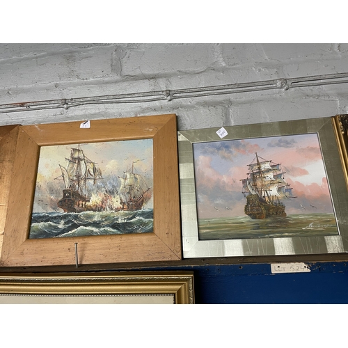 45 - FIVE SMALL OIL PAINTINGS OF 18TH CENTURY GALLEONS, SOME IN NAVAL BATTLES