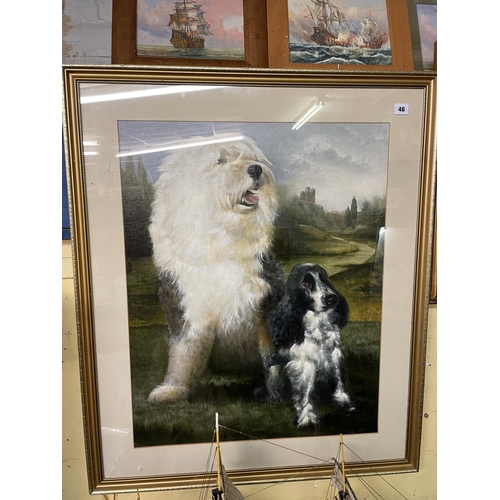 46 - DON MEAKS OIL ON CANVAS OF A SHEEPDOG AND SPANIEL IN A LANDSCAPE F/G 80CM X 95CM APPROX