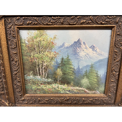 114 - 20TH CENTURY OIL ON CANVAS OF A MOUNTAIN LANDSCAPE IN SWEPT GILT FRAME AND TWO OTHER LANDSCAPE PAINT... 