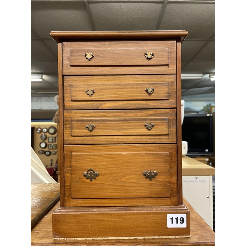 119 - SMALL PINE CHEST OF DRAWERS, TOILET MIRROR AND BOX