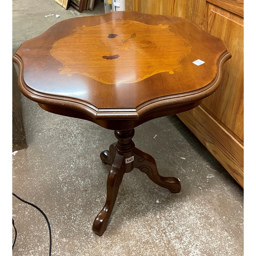 143 - WALNUT MARQUETRY TOPPED SERPENTINE TRIPOD WINE TABLE