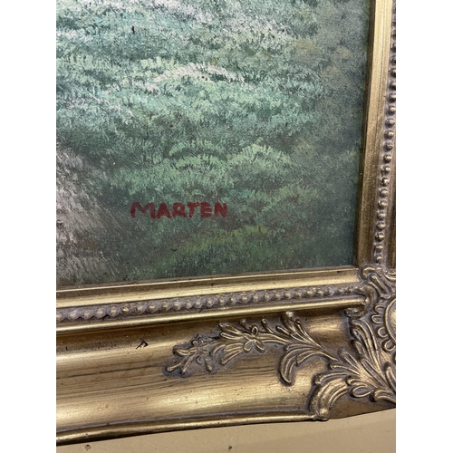 157 - 20TH CENTURY OIL ON CANVAS OF A COTTAGE LANDSCAPE SIGNED MARTEN IN GILT SWEPT FRAME