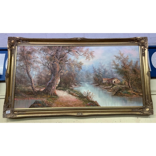 172 - 20TH CENTURY OIL ON CANVAS OF A COTTAGE IN RIVER LANDSCAPE IN GILT SWEPT FRAME