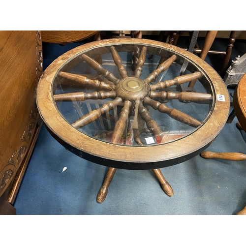 174 - SHIPS WHEEL STYLE GLAZED TOP OCCASIONAL TABLE