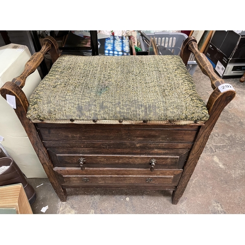 202 - OAK UPHOLSTERED PIANO STOOL WITH FITTED DRAWERS AND A PAIR OF OAK BEDROOM CHAIRS