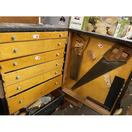 212 - TWO PINE CARPENTRY TOOL CHESTS WITH FITTED DRAWERS CONTAINING VARIOUS TOOLS AND A WOODEN CARRY TOOL ... 