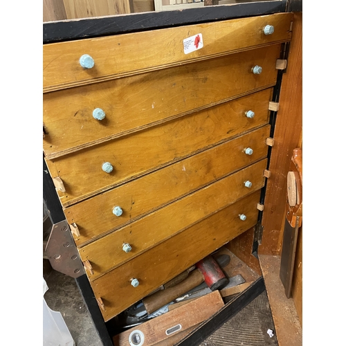 212 - TWO PINE CARPENTRY TOOL CHESTS WITH FITTED DRAWERS CONTAINING VARIOUS TOOLS AND A WOODEN CARRY TOOL ... 