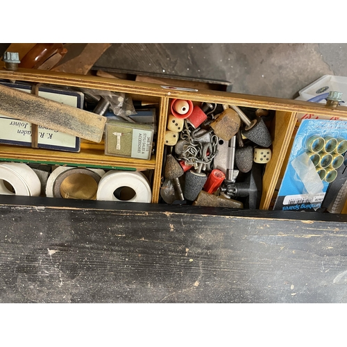 212 - TWO PINE CARPENTRY TOOL CHESTS WITH FITTED DRAWERS CONTAINING VARIOUS TOOLS AND A WOODEN CARRY TOOL ... 