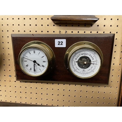 22 - CONTEMPORARY BRASS SHIP'S TYPE BAROMETER AND CLOCK ON WOODEN PLAQUE