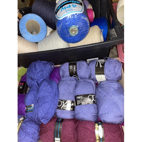 224 - SIX BOXES OF VARIOUS KNITTING WOOLS, EMBROIDERY KITS, ETC