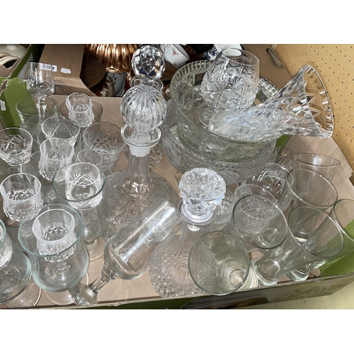 233 - THREE CARTONS OF CUT GLASSWARE INCLUDING SHIPS AND MALET DECANTERS, VASES, DRINKING GLASSES, ETC