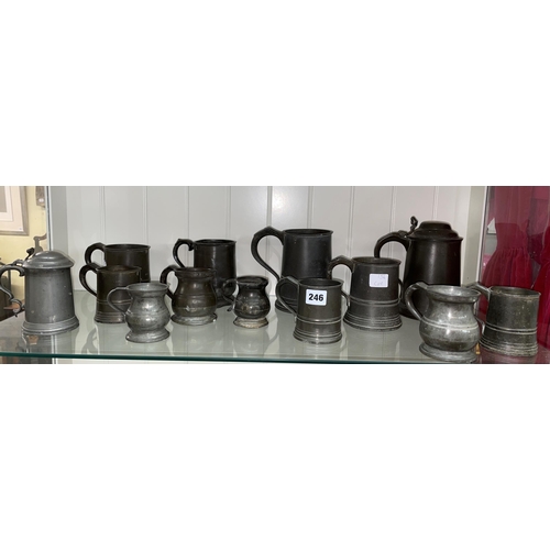 246 - SELECTION OF ANTIQUE PEWTER LIDDED TANKARD GIRDLED STRAIGHT AND BELLIED MEASURES AND TANKARDS