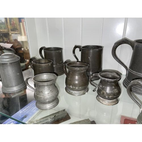 246 - SELECTION OF ANTIQUE PEWTER LIDDED TANKARD GIRDLED STRAIGHT AND BELLIED MEASURES AND TANKARDS