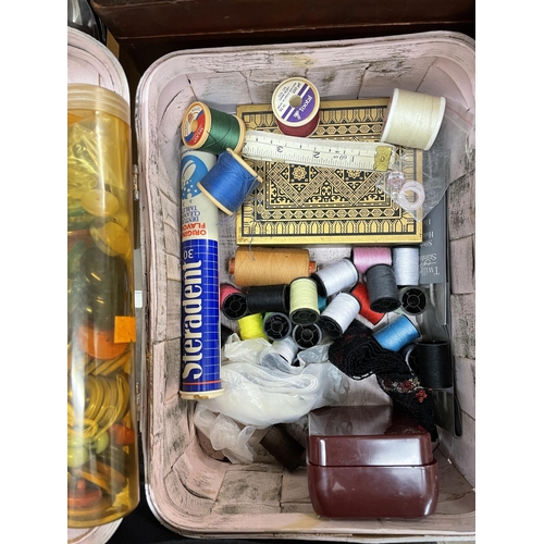 248 - NEEDLEWORK BOX CONTAINING HABERDASHERY, CROCHET NEEDLES, AND ANOTHER HARDWOOD BOX