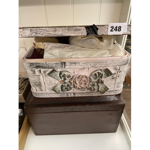 248 - NEEDLEWORK BOX CONTAINING HABERDASHERY, CROCHET NEEDLES, AND ANOTHER HARDWOOD BOX