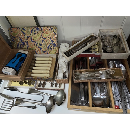 249 - TRAY OF STAINLESS CUTLERY, BOXES OF VARIOUS CUTLERY AND FLATWARE