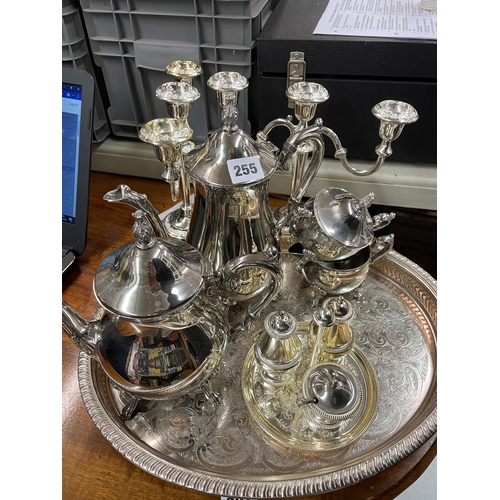 255 - EP FOUR PIECE COFFEE SERVICE ON TRAY, CANDLEABRUM AND CONDIMENT SET