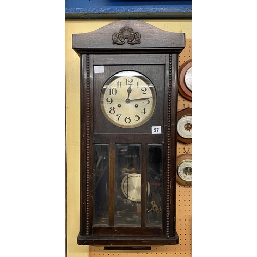 27 - 1930S OAK BEADED CASED PENDULUM WALL CLOCK