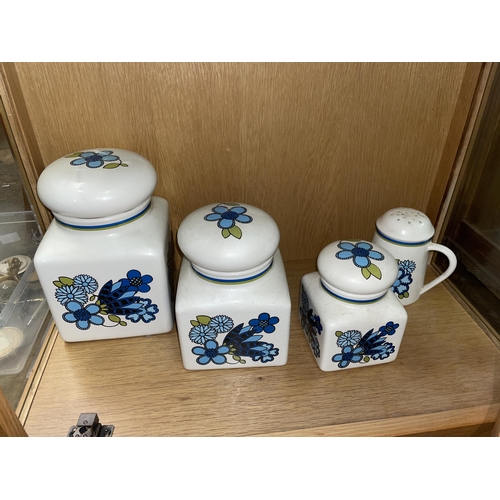 271 - LOTUS POTTERY GOBLETS TRAYS AND ANIMAL FIGURES PLUS TORTONVALE RETRO STORAGE CANISTERS AND FLOUR DRE... 