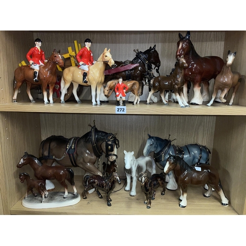 272 - TWO SHELVES OF KELSBOROUGH WARE, COOPER CRAFT, SHIRE HORSE MODELS, EQUESTRIAN HUNT FIGURES AND FOALS