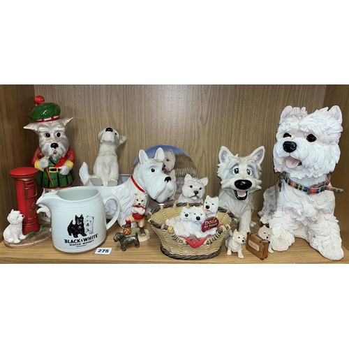 275 - SHELF OF SCOTTIE TERRIER POTTERY AND RESIN MOULDED FIGURE GROUPS AND BLACK AND WHITE SKOCTH WHISKY A... 