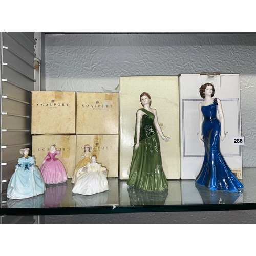 288 - FOUR COALPORT MINUETTES TWO AS FOUND, COALPORT LADIES OF FASHION KATE, AND A COAL PORT SHEER ELEGANC... 