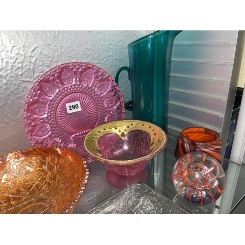 290 - SELECTION OF LUSTRES CARNIVAL TYPE GLASS AND OTHER GLASSWARE AND PAPER WEIGHTS, AND A LANTS SODA SIP... 