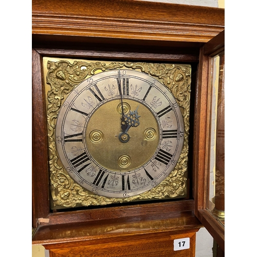 3 - MAHOGANY CROSSBANDED AND INLAID COTTAGE LONG CASE CLOCK WITH SQUARE DIAL SILVERED CHAPTER RING ENGRA... 