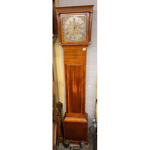 3 - MAHOGANY CROSSBANDED AND INLAID COTTAGE LONG CASE CLOCK WITH SQUARE DIAL SILVERED CHAPTER RING ENGRA... 