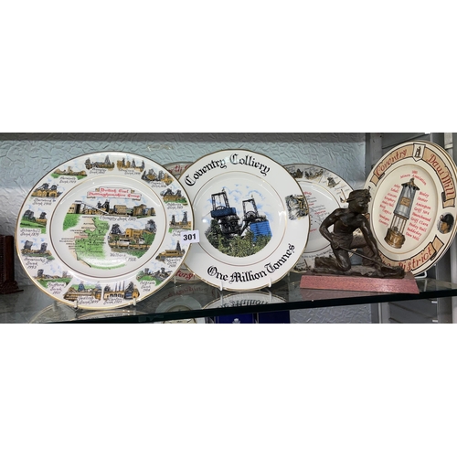 301 - SIX BONE CHINA COAL MINING COLLIERY PLATES AND A RESIN COAL MINER FIGURE