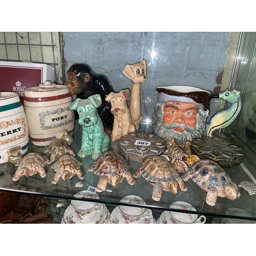 307 - SELECTION OF WADE TORTOISE FIGURES, SPIRIT BARRELS, SYLVAC DOG FIGURE GROUPS, AND KELSBOROUGH WARE C... 