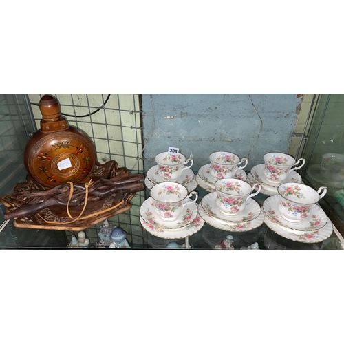 308 - ROYAL ALBERT BONE CHINA MOSS ROSE TEASET FOR SIX, WOODEN SPIRIT FLASK AND BOWL ON STAND