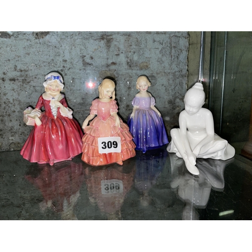 309 - ROYAL DOULTON FIGURES ROSE, MARIE, COALPORT PRIMA BALLERINA, AND LAVINIA (AS FOUND)