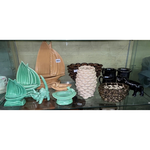 313 - SHELF OF SYLVAC - KITTEN IN HAT, YACHT FIGURES, PINEAPPLE VASE, ETC