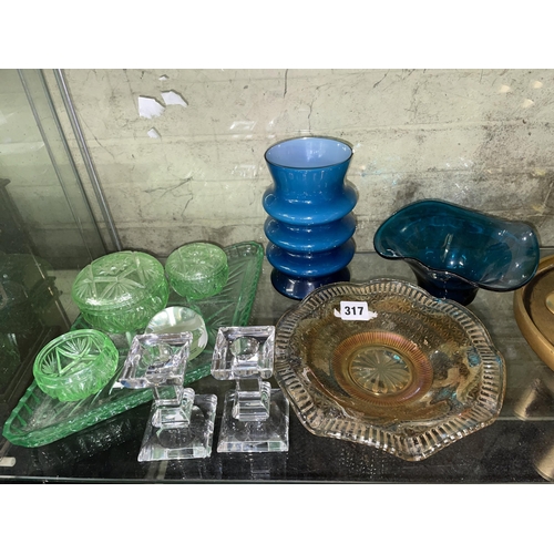 317 - GREEN LOZENGE DRESSING TABLE SET, BLUE RIBBED GLASS VASE, CANDLE HOLDERS