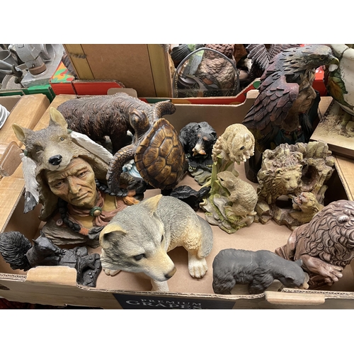 327 - RESIN MOULDED ANIMAL AND BIRD FIGURE GROUPS INCLUDING THE RED INDIAN CHIEF FIGURE, WOLF, ETC