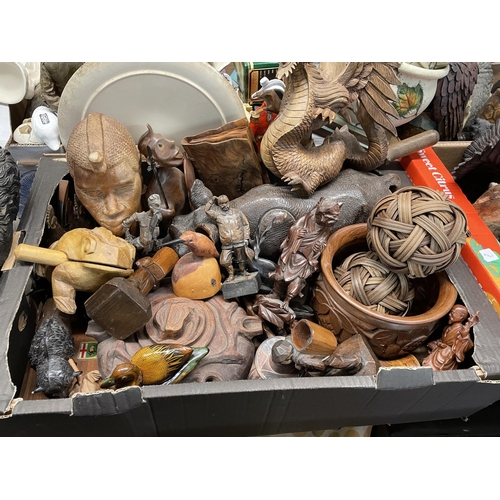 332 - BOX OF TREEN ITEMS INCLUDING CARVED RHINOCEROS, AFRICAN TRIBAL BUST, ORIENTAL OKIMONO