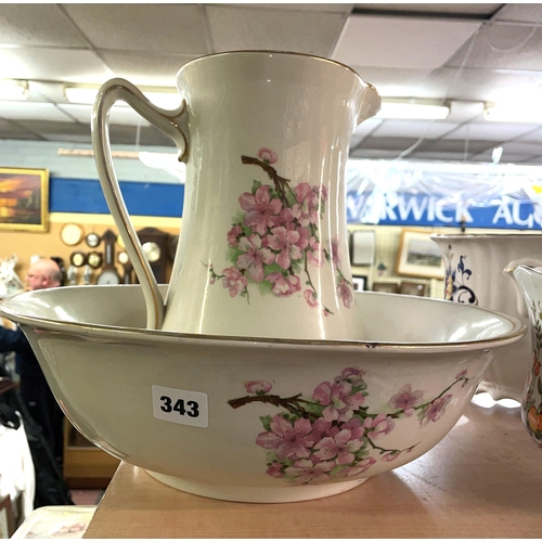 343 - STAFFORDSHIRE FLORAL WASH BASIN AND JUG SET